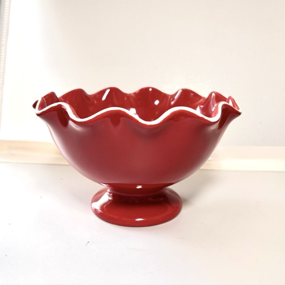 Longaberger Ruffled Footed Bowl 4.5”x 6.5” Paprika Red With White Rim